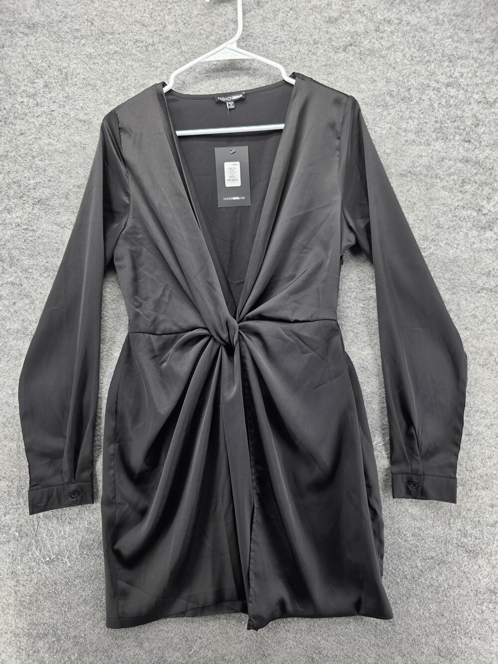 Fashion Nova Dress Womens L Black Mini Ruched Satin Long Sleeve V-Neck Party